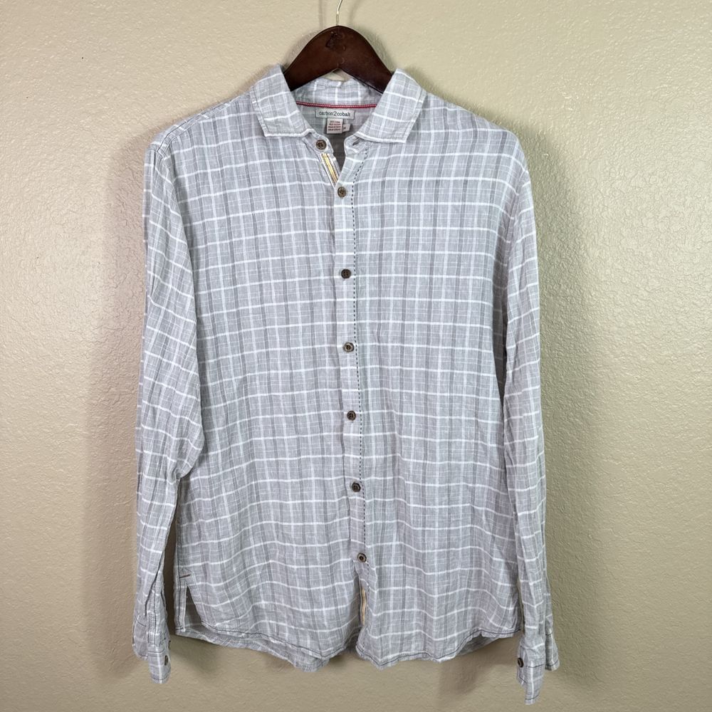 Carbon 2 Cobalt Button Up Shirt‎ Medium Linen Blend Long Sleeve Gray Plaid Mens